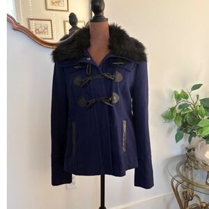 Express Womens Navy Blue Faux Fur Collar‎ Toggle Wool  Pea Coat Jacket - M